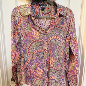 Lauren-Ralph Lauren Paisley Long Sleeve Button Down Linen Collared Shirt-Large